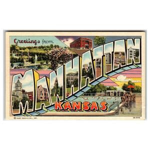 Greetings from Manhattan Kansas Large Letter Linen Postcard 1940s Curt Teich